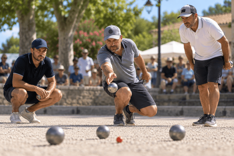 Milieu d'une équipe en triplette qui pointe à la pétanque